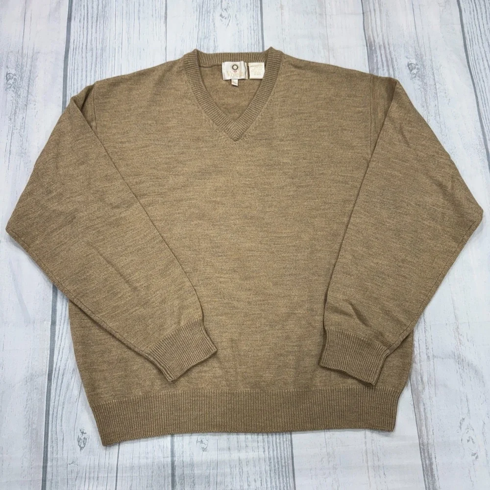 Viyella Merino Wool Sweater L Large Beige VNeck Golf Casual Work Mens‎